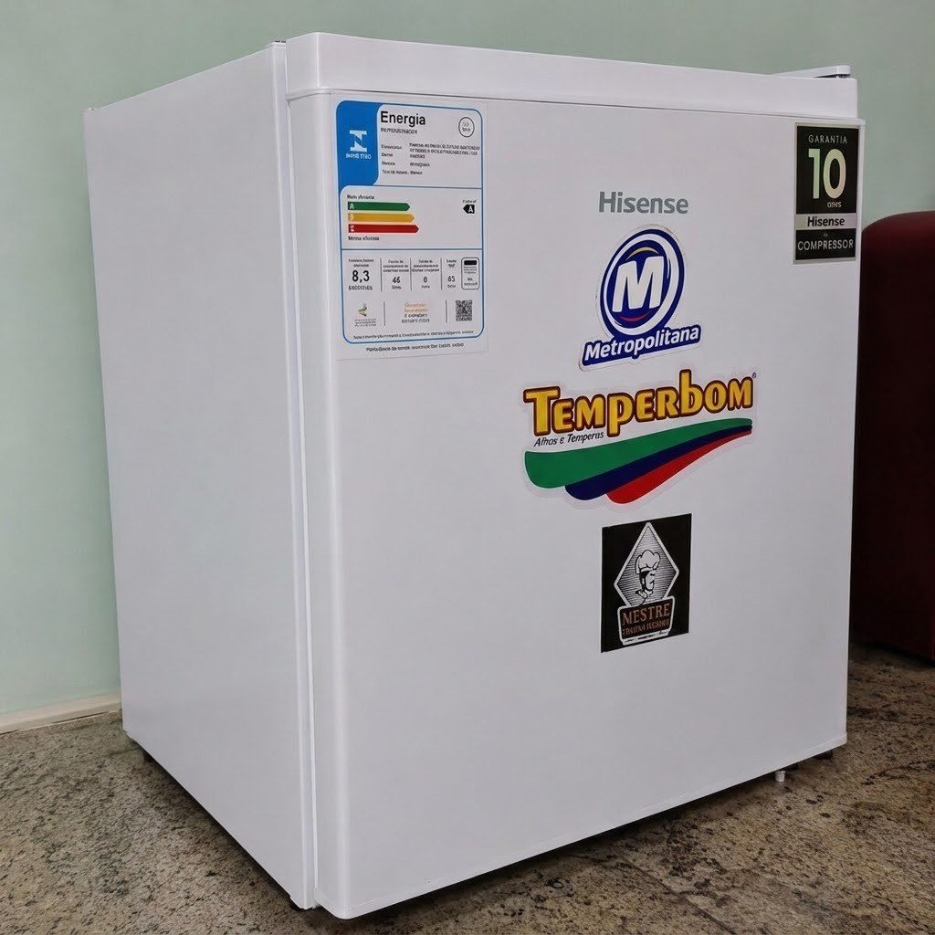 Frigobar Hisense branco com adesivo da Rádio Metropolitana